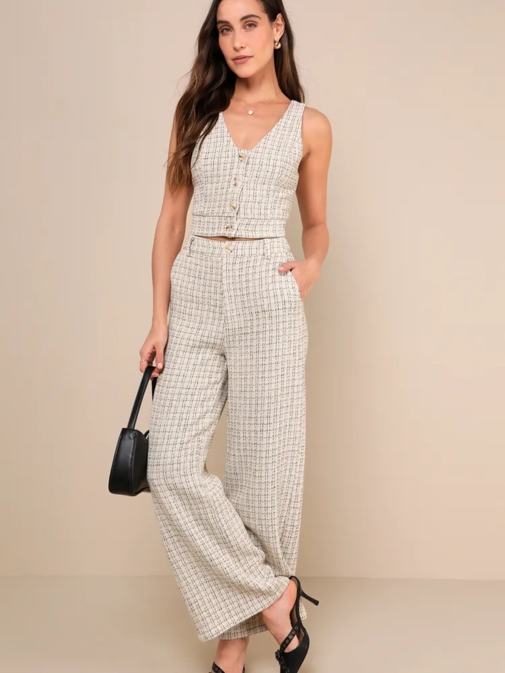 Lulu's Cream Tweed-Look Button Crop Tank and Pants Set